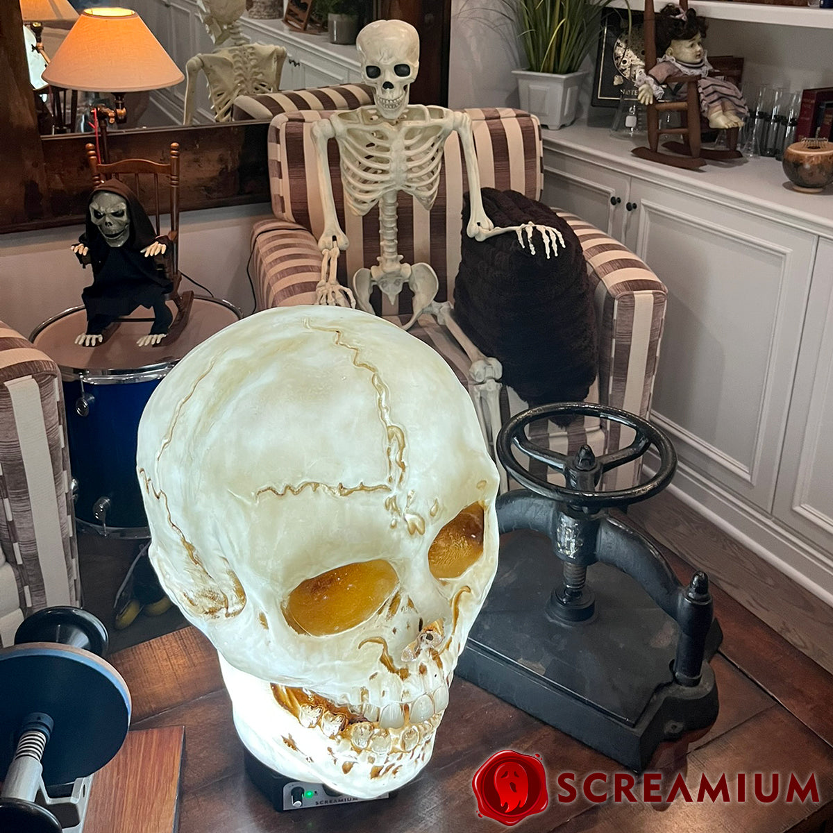 Lámpara de utilería animatrónica con forma de calavera gigante de 50 cm de altura, de poliresina resistente, decoración de Halloween