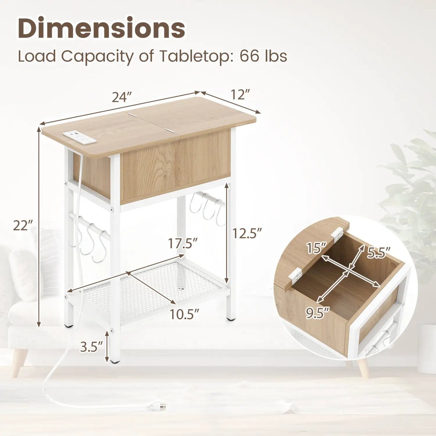 End Table With Charging Station and Usb Ports