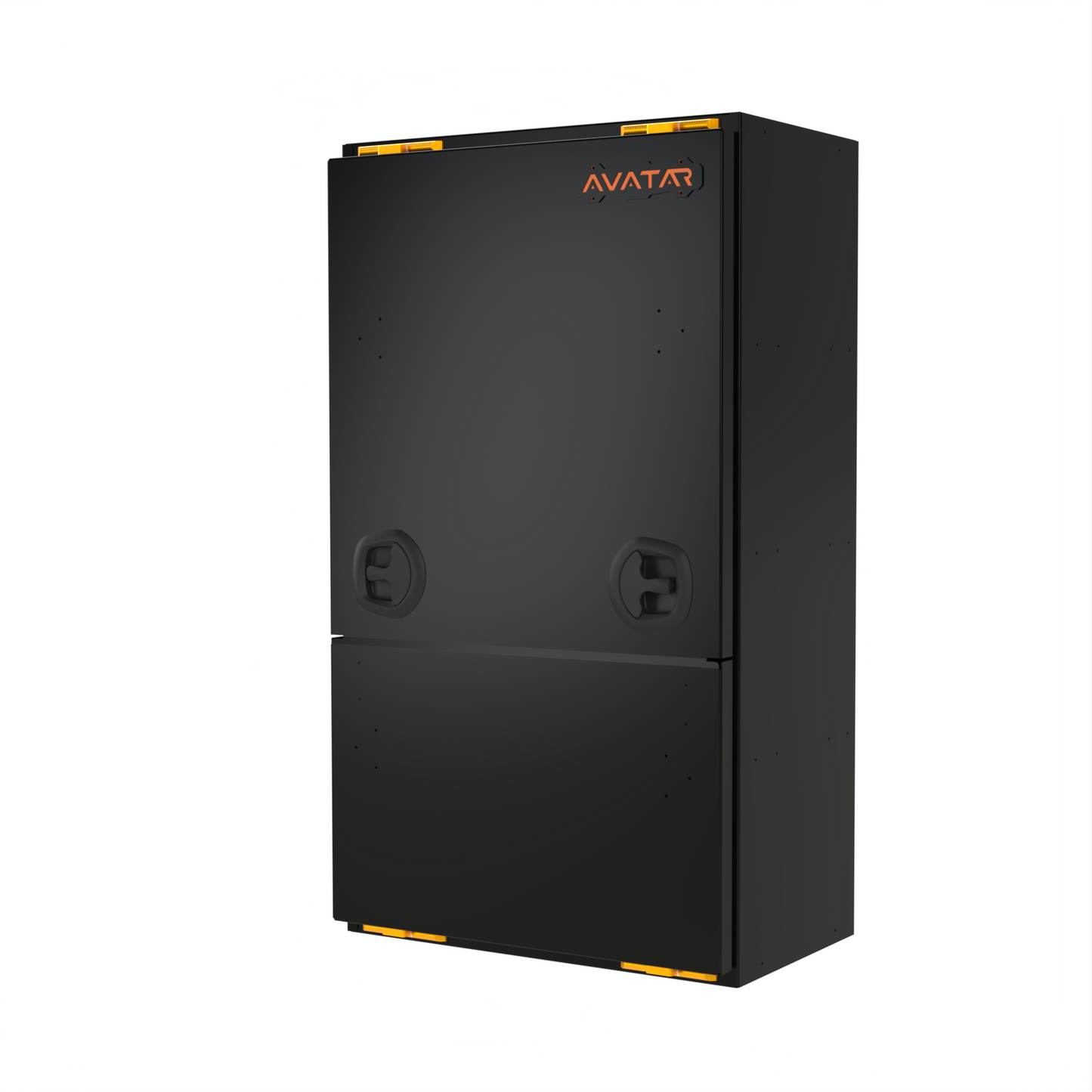 Avatar Giga Largest Storage Box black metal box with orange logo and yellow latch accents on Tampa Home & Garden Store