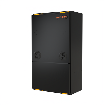 Avatar Giga Largest Storage Box black metal box with orange logo and yellow latch accents on Tampa Home & Garden Store