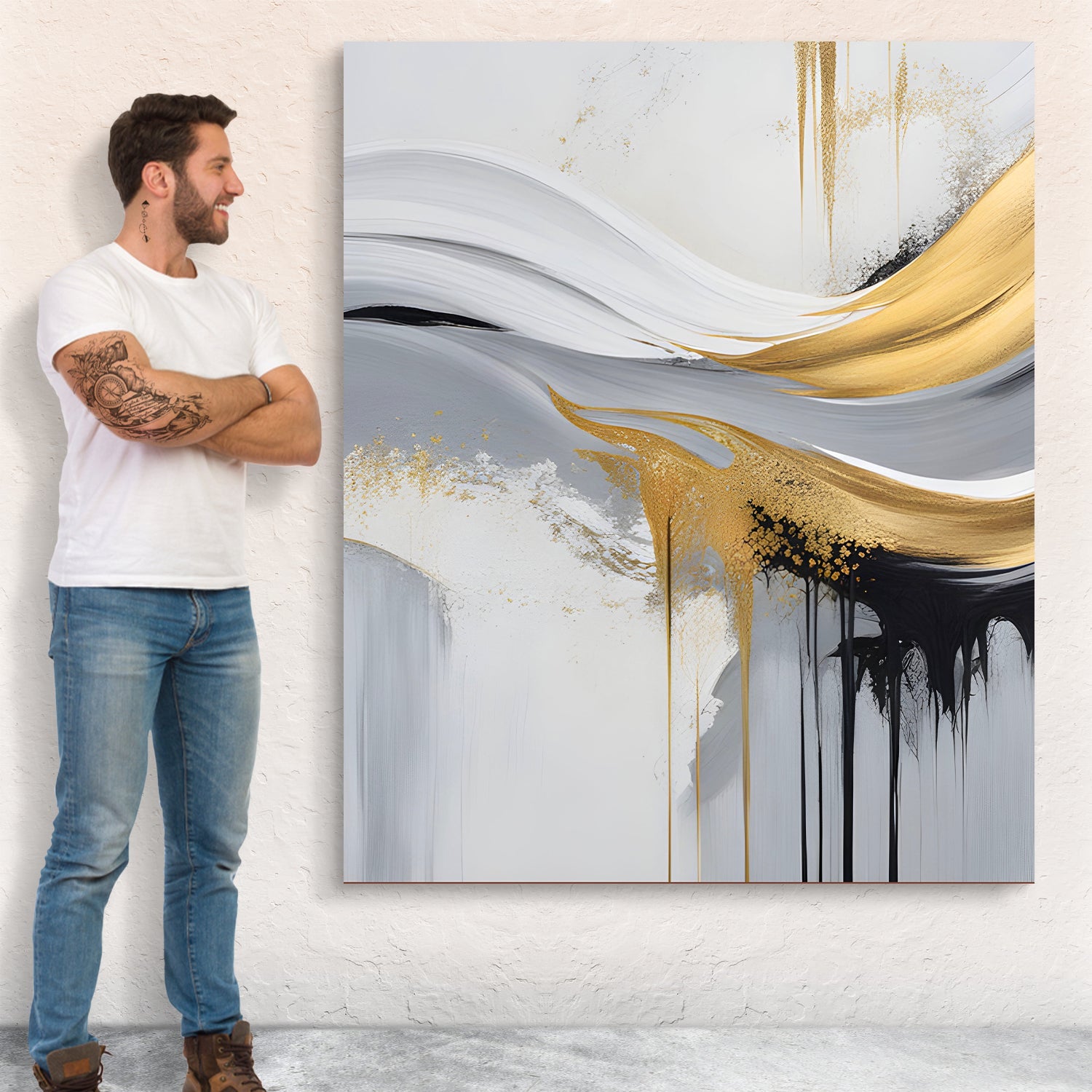 Canvas Print Gilded Flow by Tailored Canvases, gray-white and gold brushstrokes on canvas on Tampa Home & Garden Store