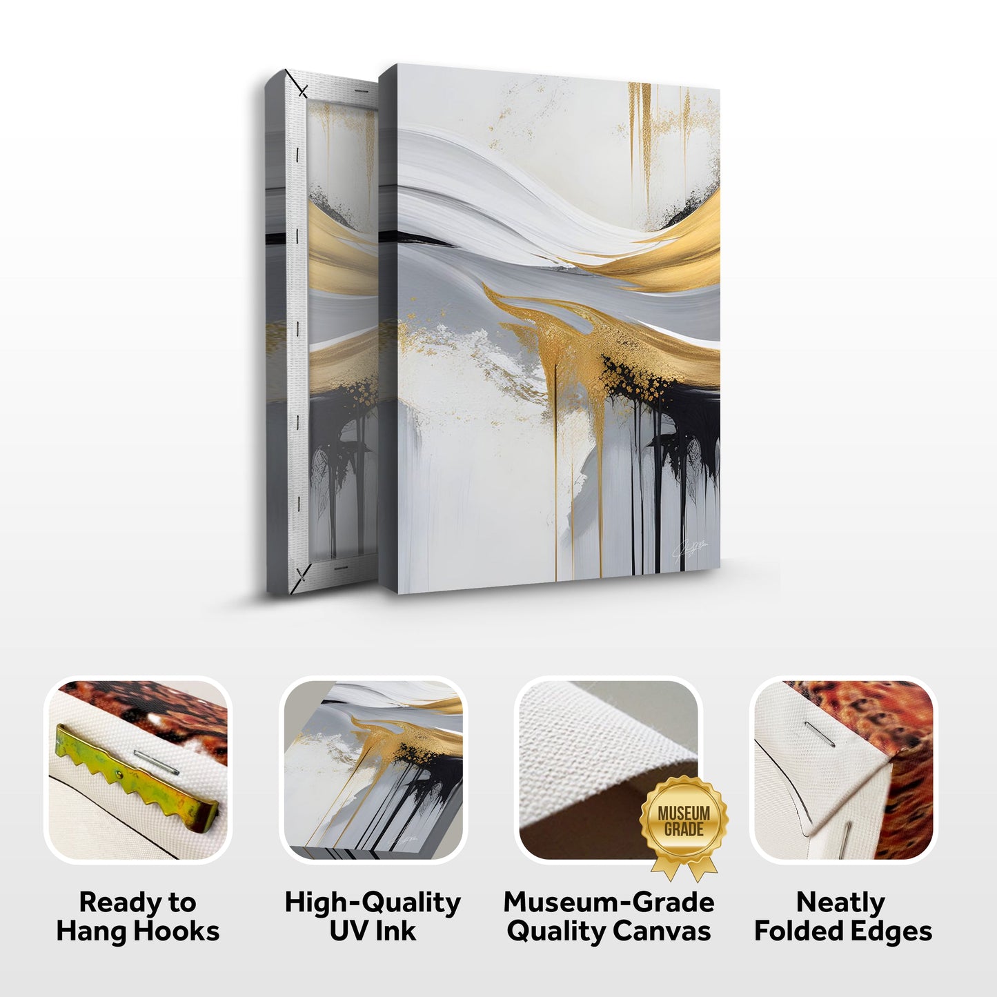 Canvas print Gilded Flow by Tailored Canvases, two-panel abstract with white gray and gold drips on Tampa Home & Garden Store