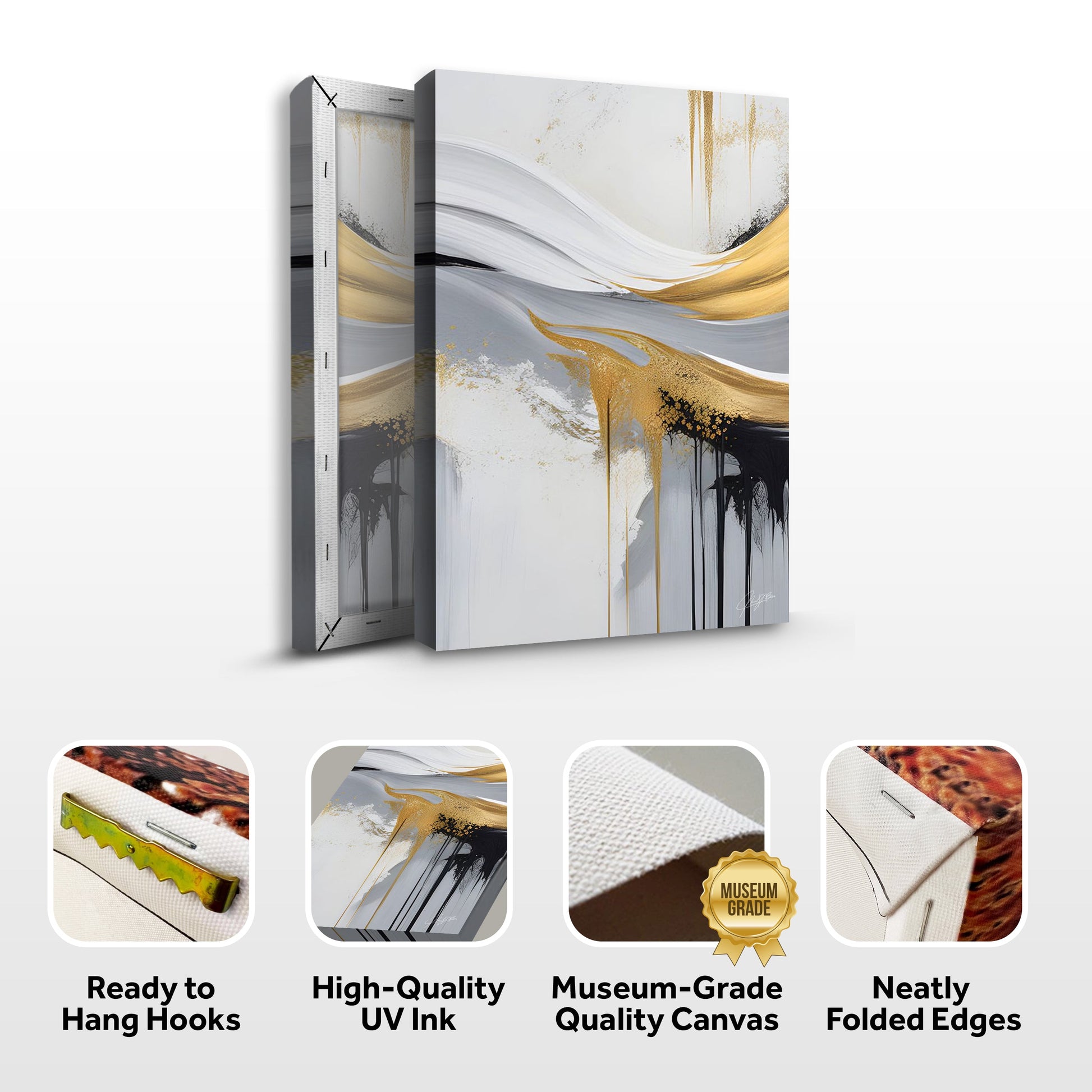 Canvas print Gilded Flow by Tailored Canvases, two-panel abstract with white gray and gold drips on Tampa Home & Garden Store