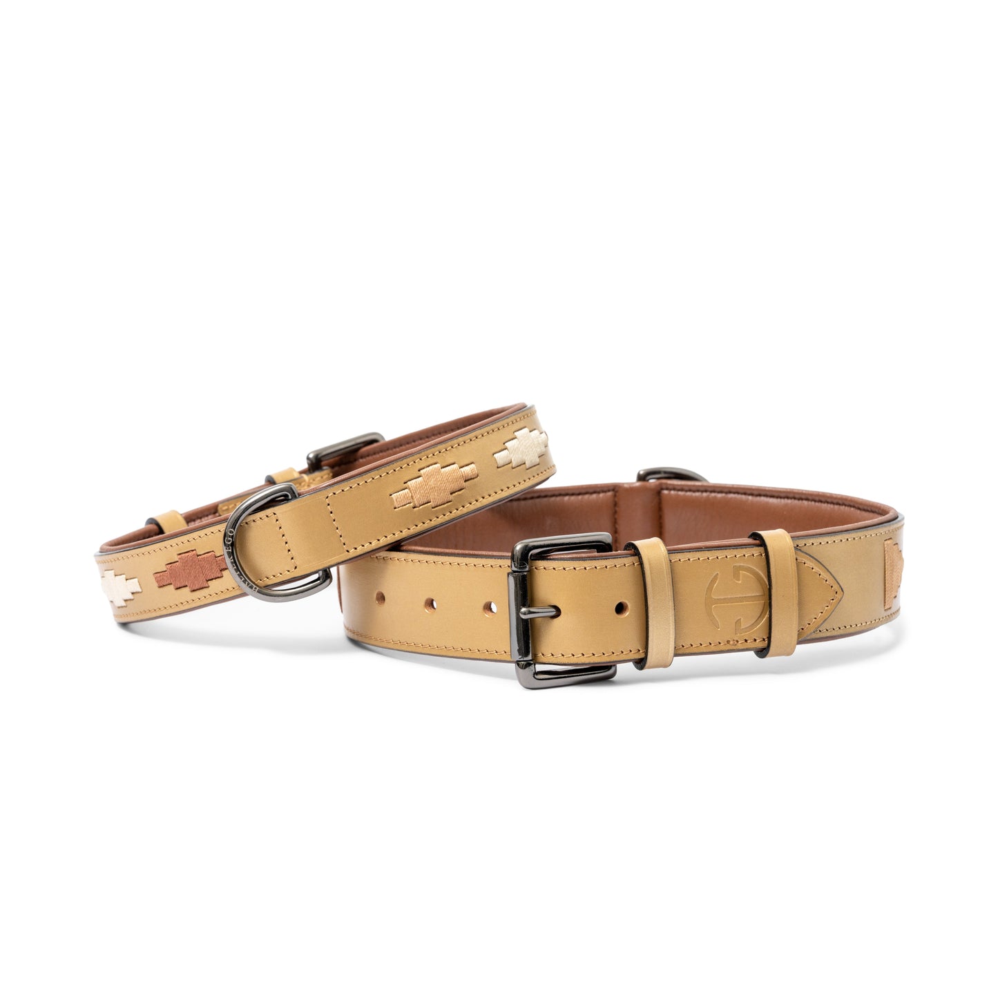 Gilded Solstice Leather Dog Collar 3pc with tan leather cross-stitch Halter Ego on Tampa Home & Garden Store