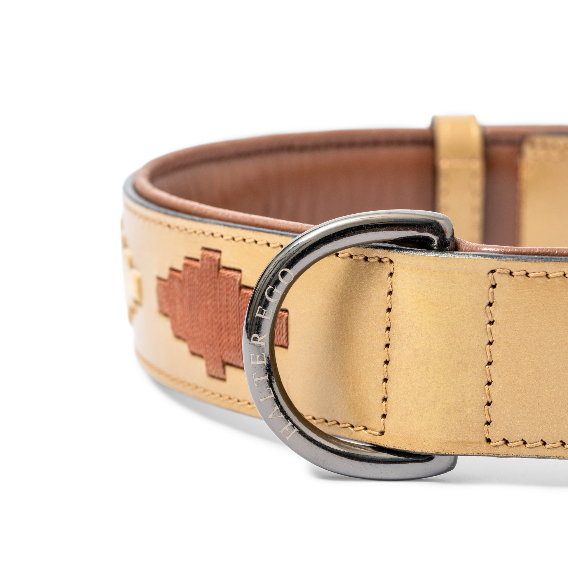 Gilded Solstice Leather Dog Collar by Halter Ego, tan leather with woven accent and metal ring on Tampa Home & Garden Store