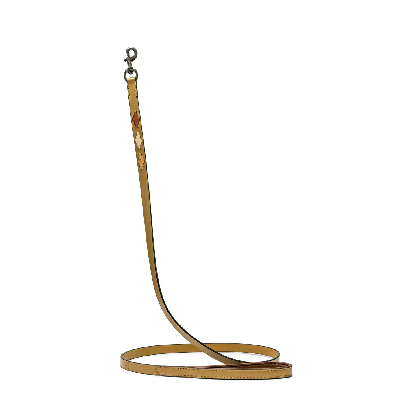Gilded Solstice Dog Leash Halter Ego tan leather with red cross pattern metal clasp on Tampa Home & Garden Store