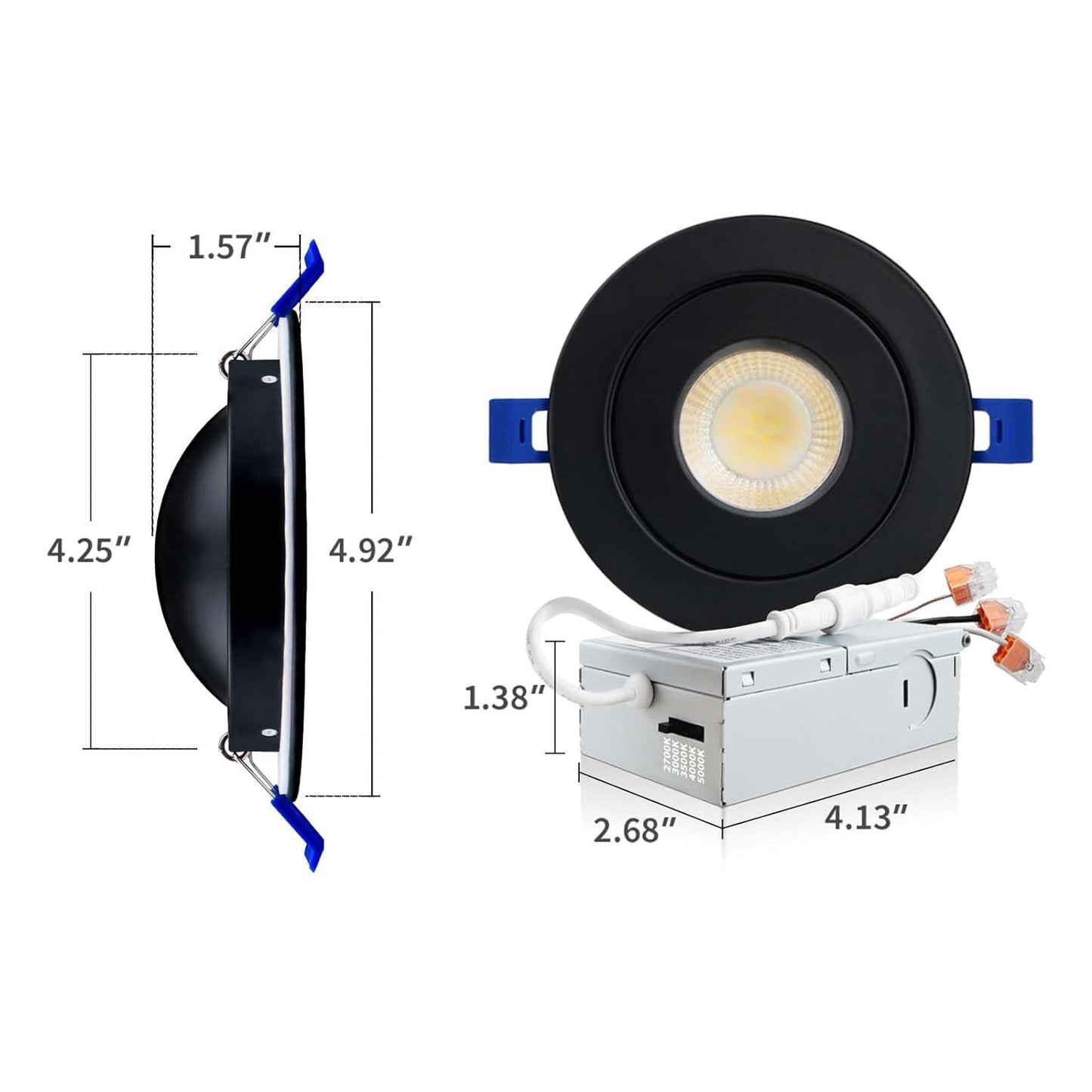 Luz LED empotrada sin carcasa de 4 pulgadas con cardán, 5 CCT, regulable, direccional, retroadaptable, iluminación tipo globo ocular con caja de conexiones, certificación ETL