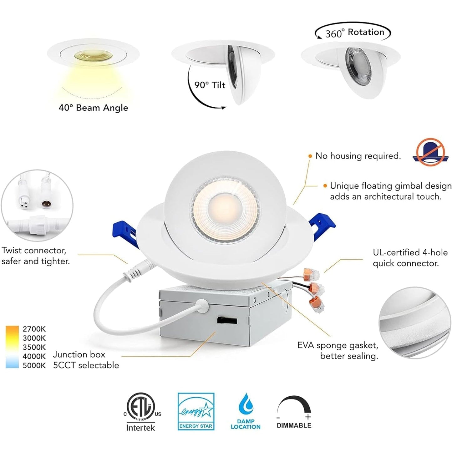 Luz LED empotrada sin carcasa de 4 pulgadas con cardán, 5 CCT, regulable, direccional, retroadaptable, iluminación tipo globo ocular con caja de conexiones, certificación ETL