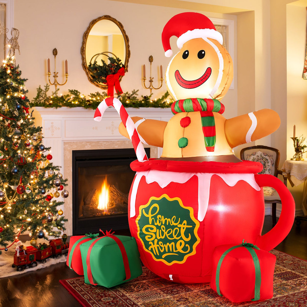 7 ft gingerbread man inflatable in a hot cocoa mug with LED lights and gift boxes on Tampa Home & Garden Store