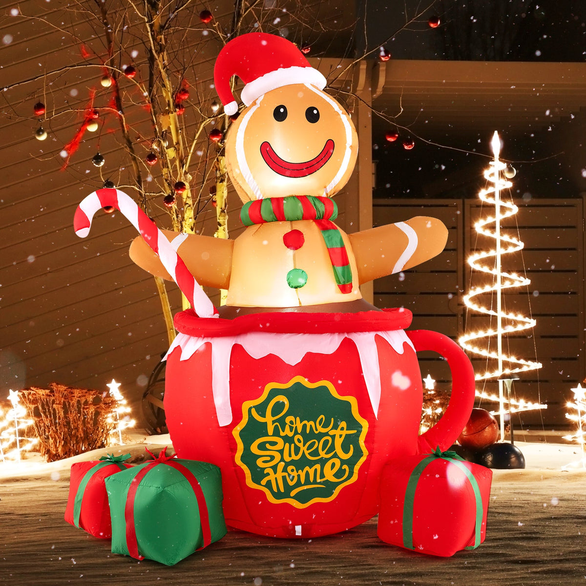 7 ft gingerbread inflatable in hot cocoa mug with LED lights, Santa hat, scarf, candy cane on Tampa Home & Garden Store