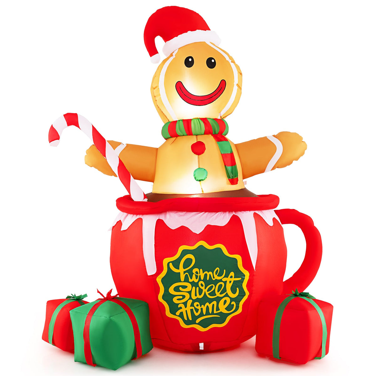 7ft inflatable gingerbread man in a red cocoa mug with LED lights and gift boxes DirectDeals on Tampa Home & Garden Store