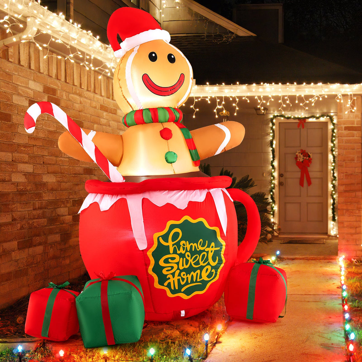 7 ft inflatable gingerbread man in a hot cocoa mug with built-in LED lights and gift boxes on Tampa Home & Garden Store