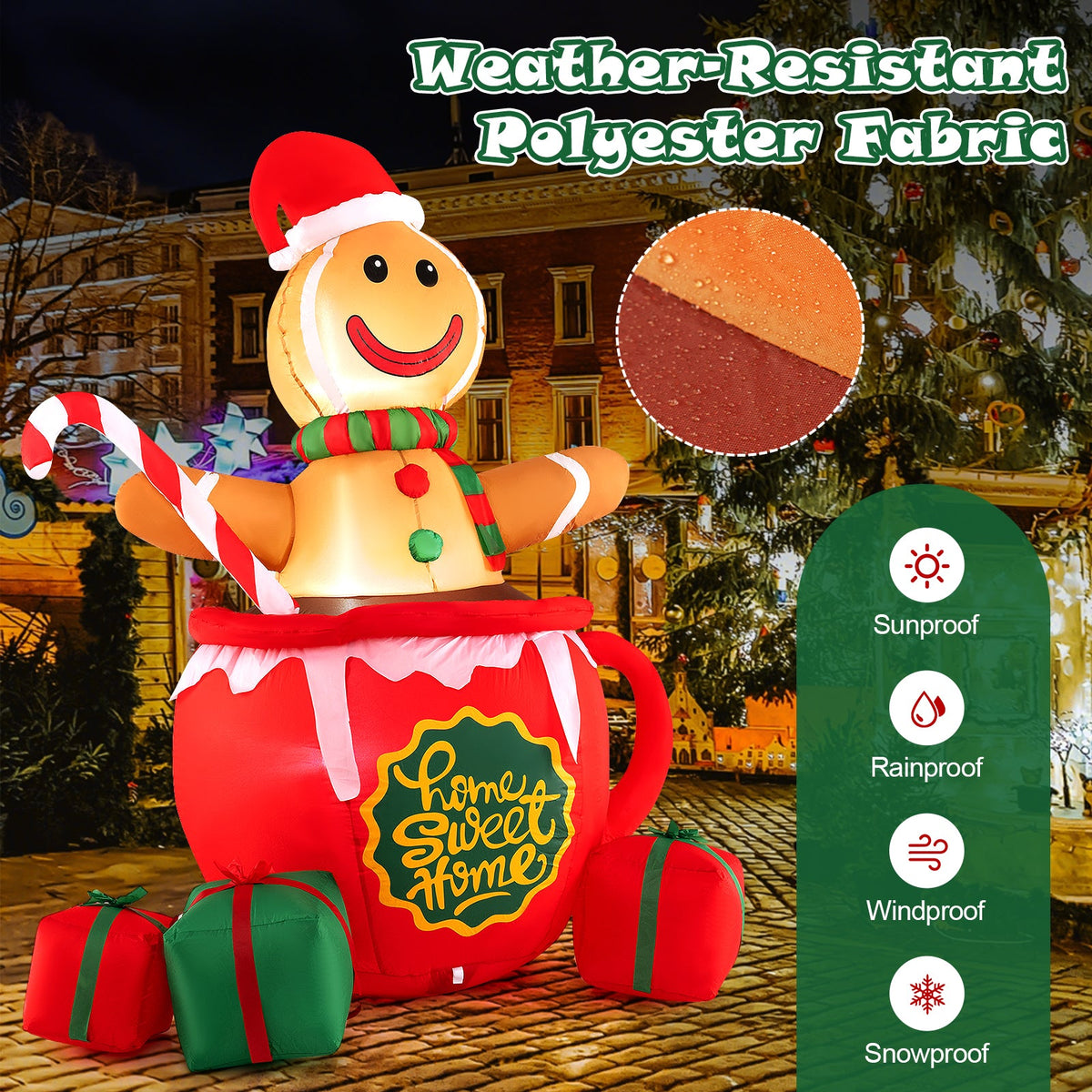 7 ft DirectDeals inflatable Gingerbread Man in hot cocoa mug with LED lights and gift boxes on Tampa Home & Garden Store