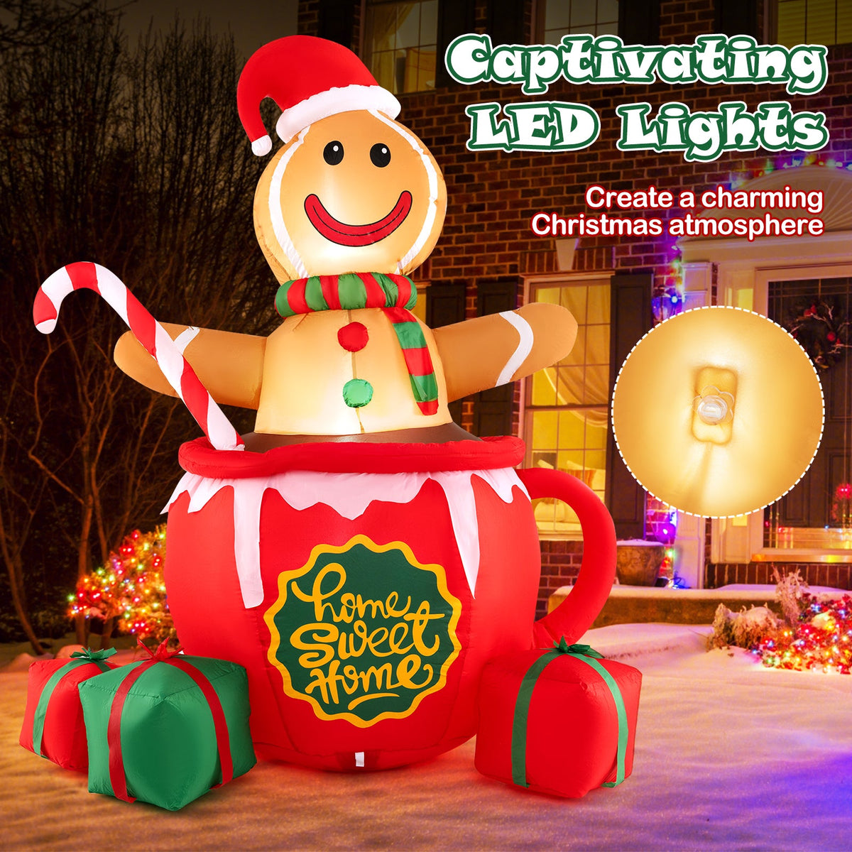 7 ft gingerbread man inflatable in red hot cocoa mug with LED lights and gift boxes on Tampa Home & Garden Store