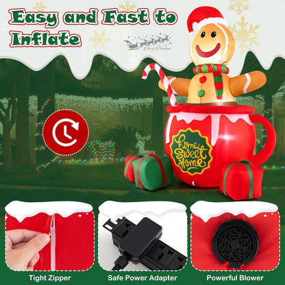 7 ft Gingerbread Man in Cocoa Mug inflatable with LED lights, red mug, candy cane DirectDeals on Tampa Home & Garden Store