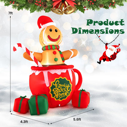 Gingerbread man inflatable 7 ft, DirectDeals, in a cocoa mug with LED lights and gift boxes on Tampa Home & Garden Store