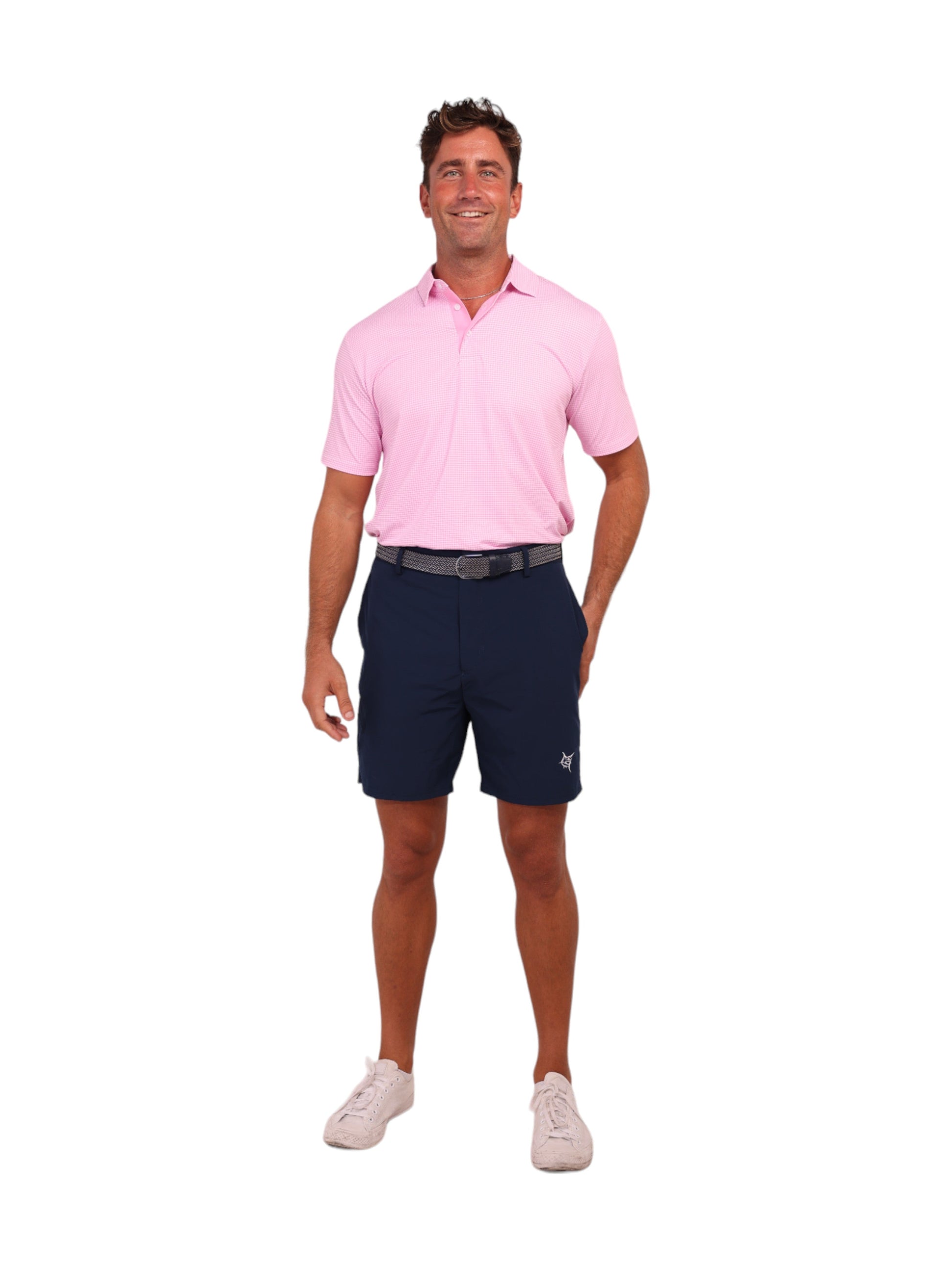 Vineyard Polo pink polo shirt by White Water Life, worn by man with navy shorts and sneakers on Tampa Home & Garden Store