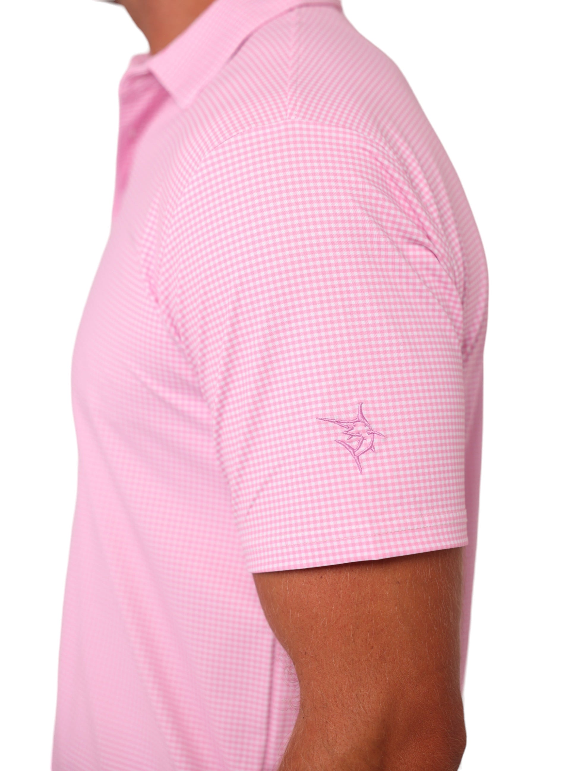 Vineyard Polo pink gingham short sleeve polo with sleeve embroidery by White Water Life on Tampa Home & Garden Store