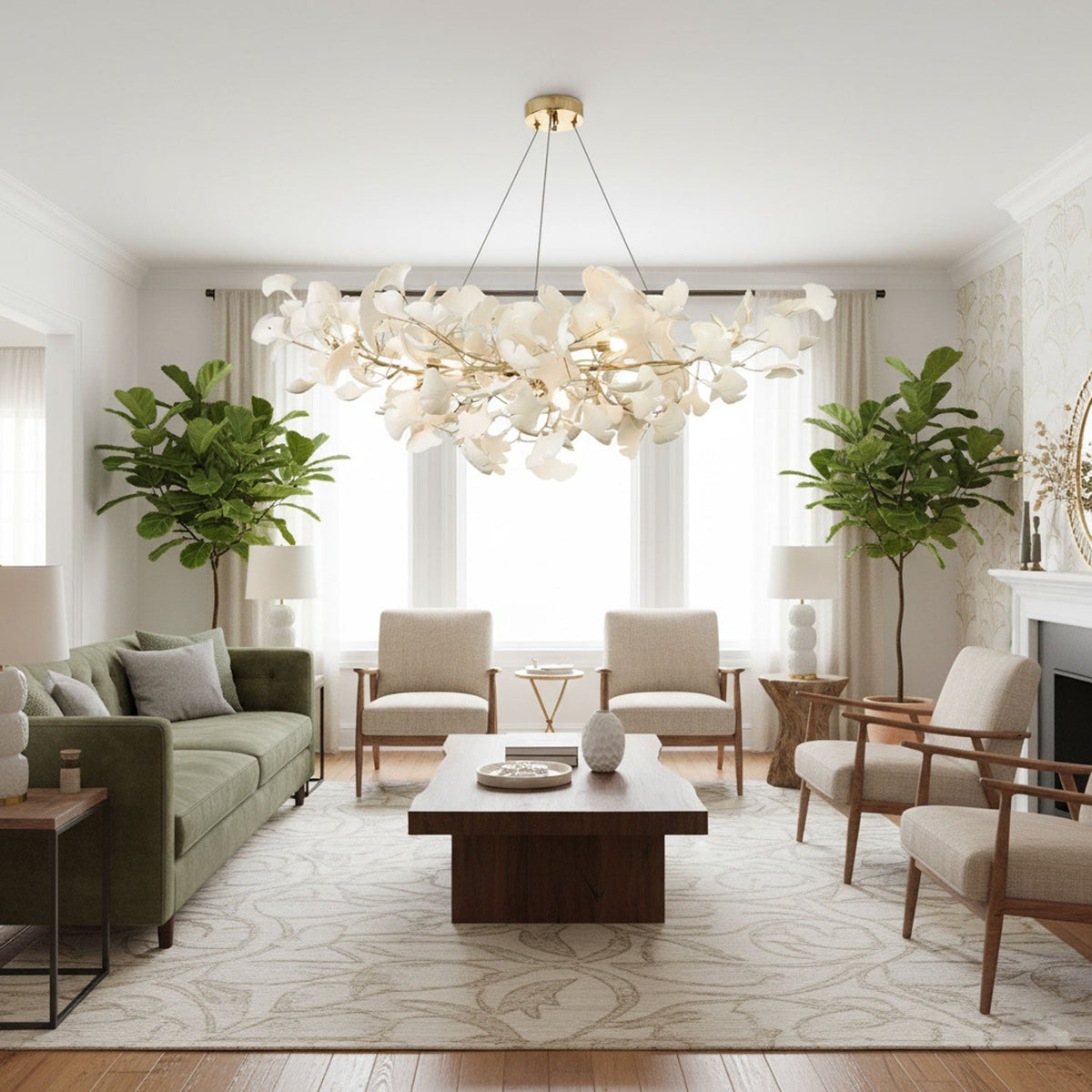 Porcelain Ginkgo Leaf Linear Chandelier by Moktan Sabai, white leaves, gold canopy on Tampa Home & Garden Store