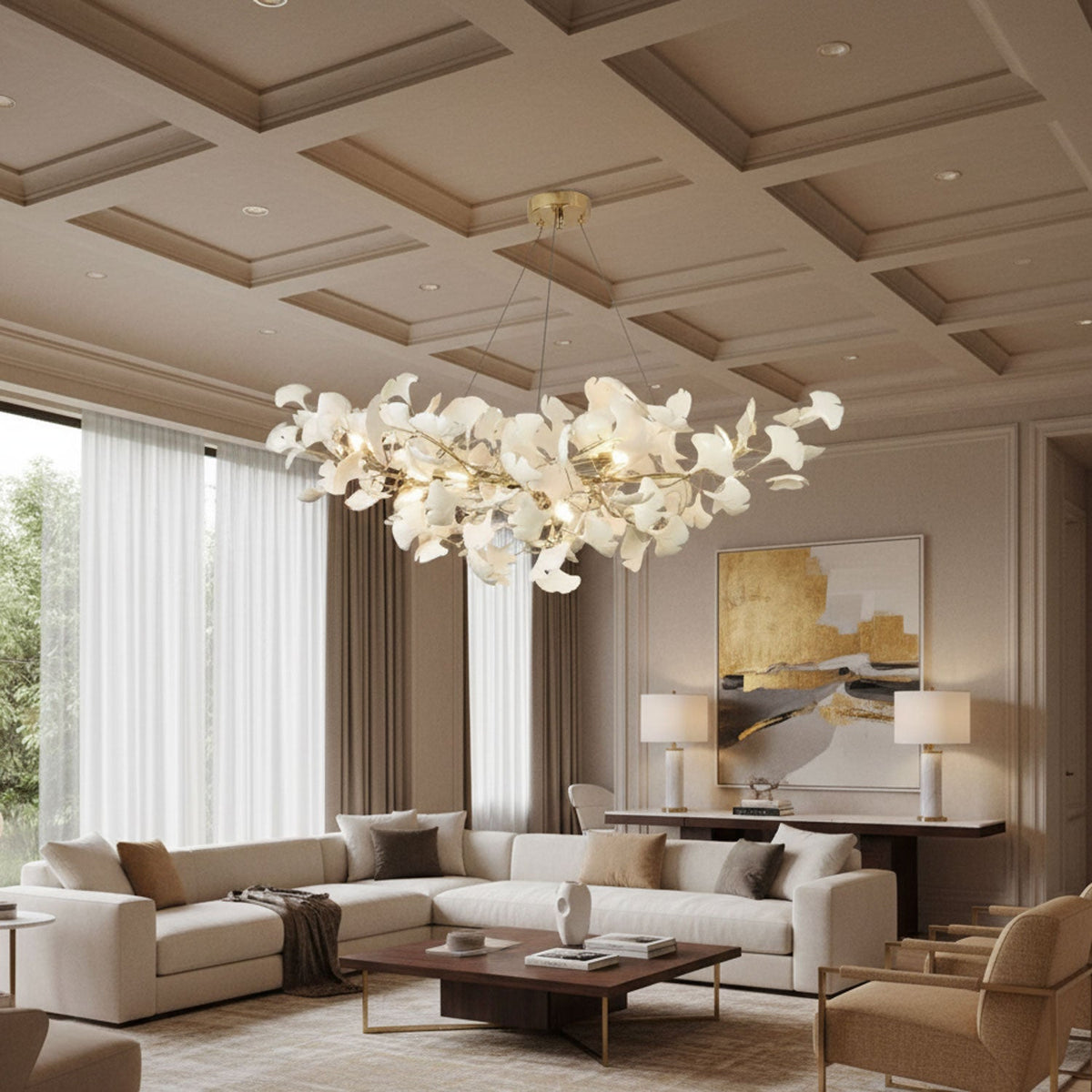 Chandelier Porcelain Ginkgo Leaf Linear with flexible branches by Moktan Sabai, warm glow on Tampa Home & Garden Store