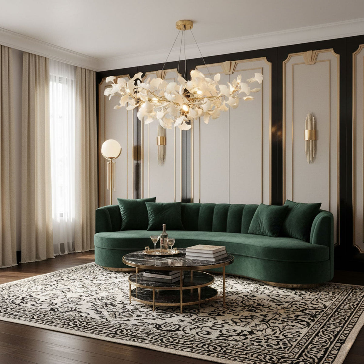 Porcelain Ginkgo Leaf Linear Chandelier by Moktan Sabai, gold-toned branches dining light on Tampa Home & Garden Store