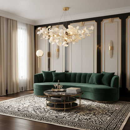 Porcelain Ginkgo Leaf Linear Chandelier by Moktan Sabai, gold-toned branches dining light on Tampa Home & Garden Store