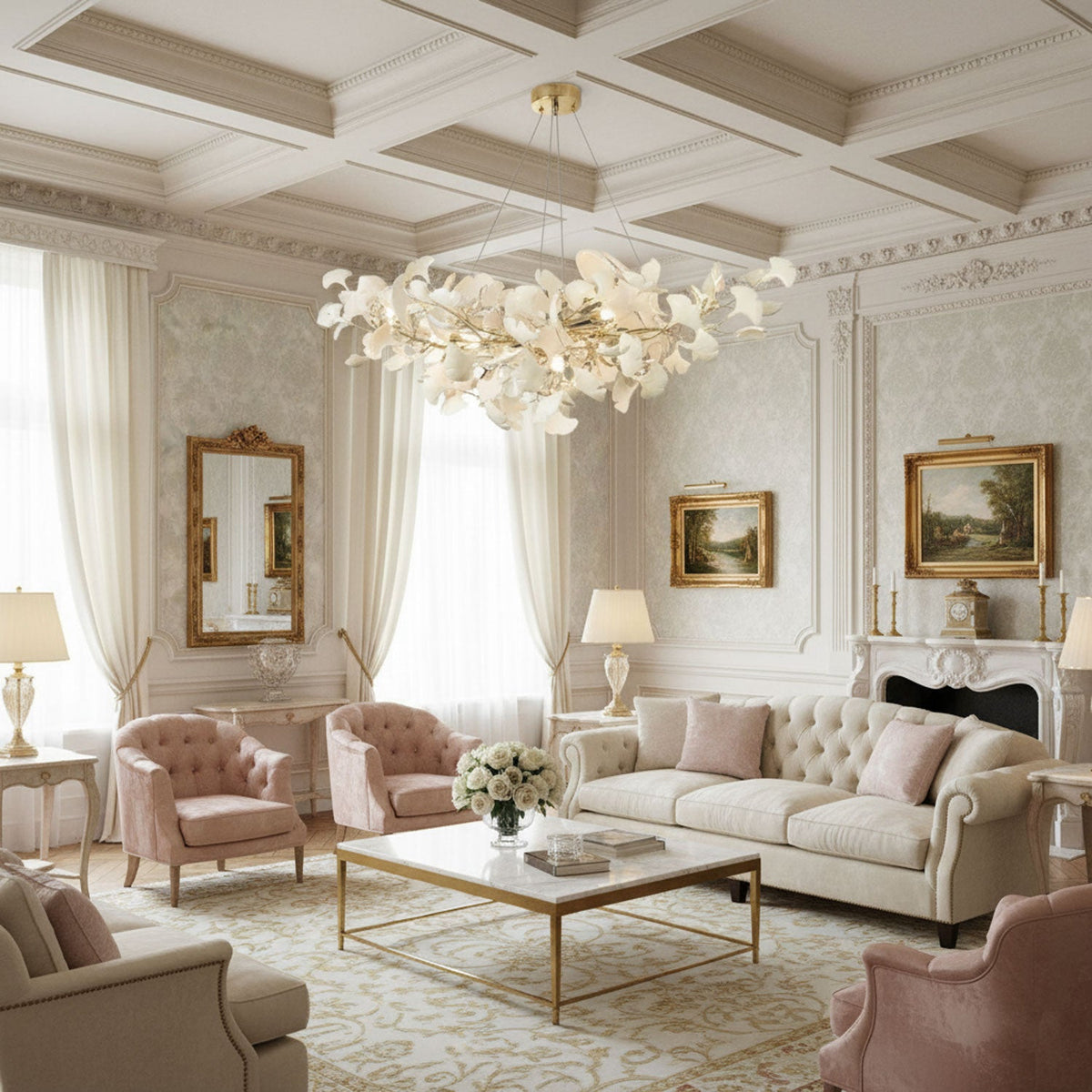 Porcelain ginkgo leaf chandelier with flexible branches Moktan Sabai ivory and gold light on Tampa Home & Garden Store