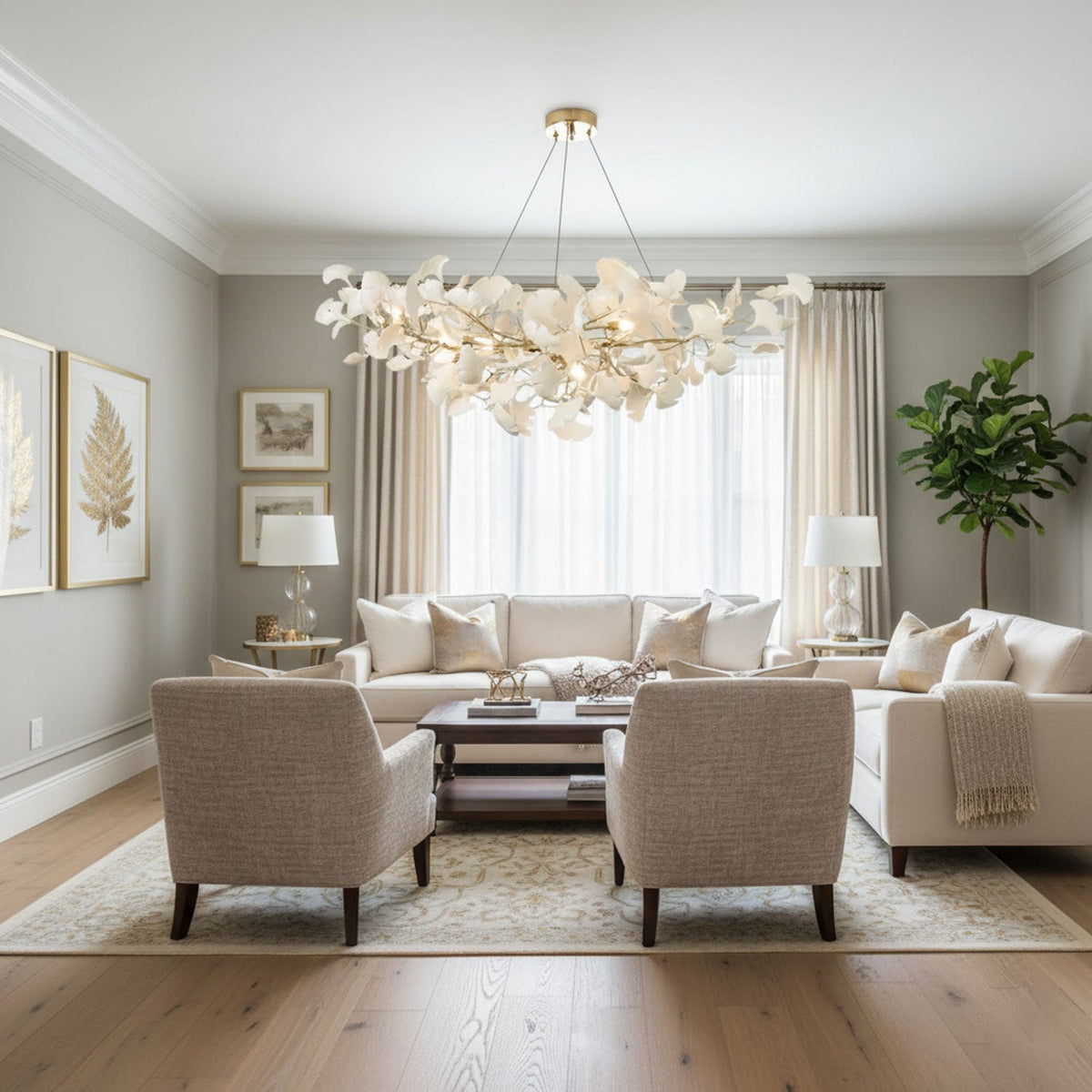Chandelier Moktan Sabai porcelain ginkgo leaf linear with flexible branches over a living room on Tampa Home & Garden Store