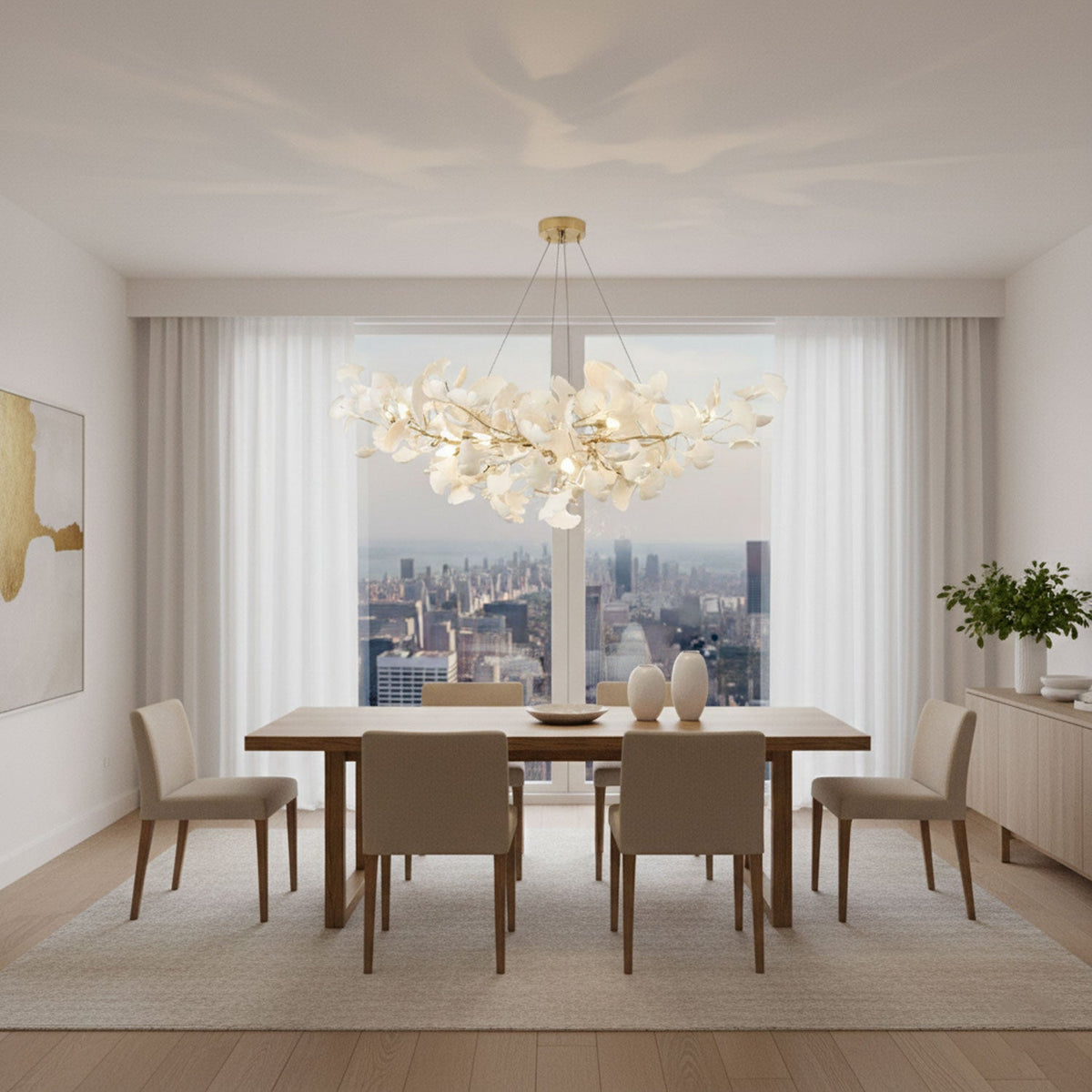 Porcelain ginkgo leaf chandelier with flexible branches over dining table in modern room on Tampa Home & Garden Store