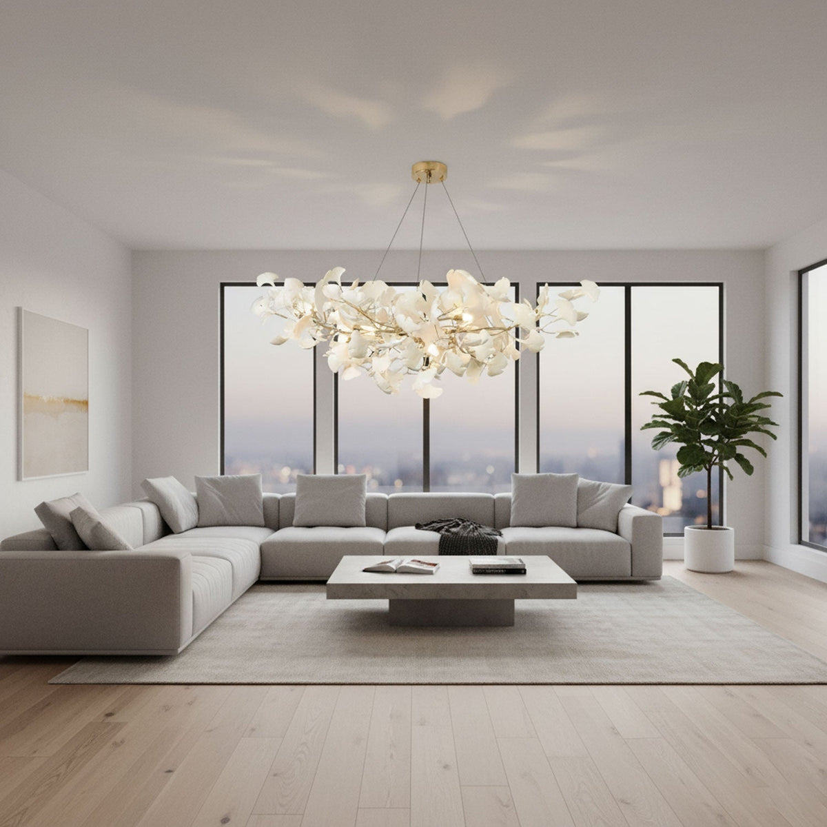 Porcelain Ginkgo Leaf Linear Chandelier with Moktan Sabai; ivory leaves, flexible branches on Tampa Home & Garden Store