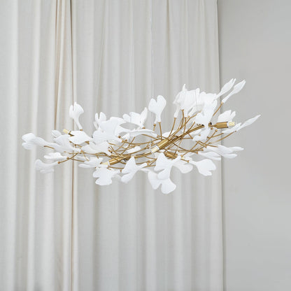 Porcelain Ginkgo Leaf Linear Chandelier with Flexible Branches, white leaves on gold metal arms, Moktan Sabai on Tampa Home & Garden Store