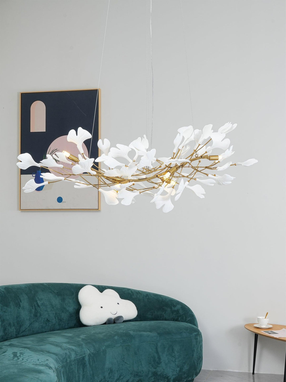 Porcelain Ginkgo Leaf Chandelier with Branches, white leaves on gold brass Moktan Sabai light on Tampa Home & Garden Store