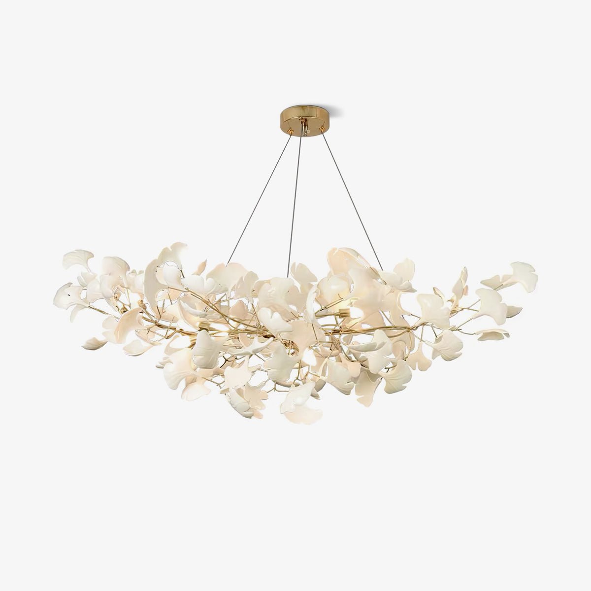 Porcelain Ginkgo Leaf Chandelier with Flexible Branches white leaves on gold stems dining light on Tampa Home & Garden Store