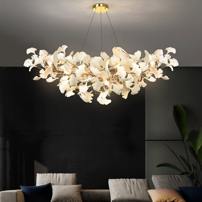 Porcelain Ginkgo Leaf Linear Chandelier with Flexible Branches Moktan Sabai white leaves on Tampa Home & Garden Store