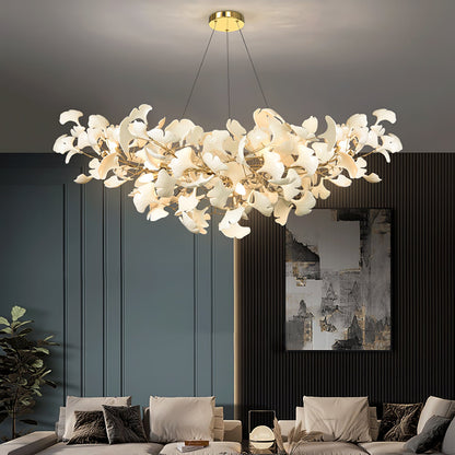 Porcelain Ginkgo Leaf Linear Chandelier with flexible branches, Moktan Sabai, gold-tone frame on Tampa Home & Garden Store