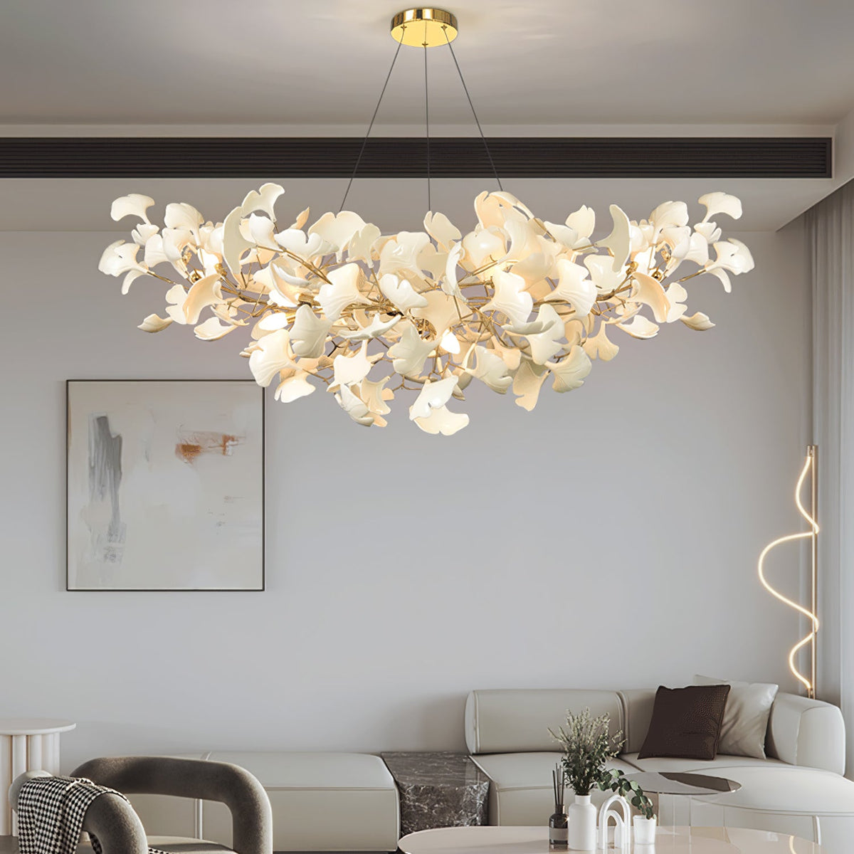 Porcelain Ginkgo Leaf Linear Chandelier with Flexible Branches, white leaves on golden branches on Tampa Home & Garden Store