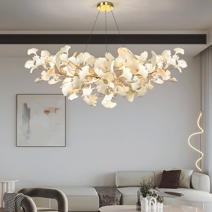 Porcelain Ginkgo Leaf Linear Chandelier with Flexible Branches, white leaves on golden branches on Tampa Home & Garden Store