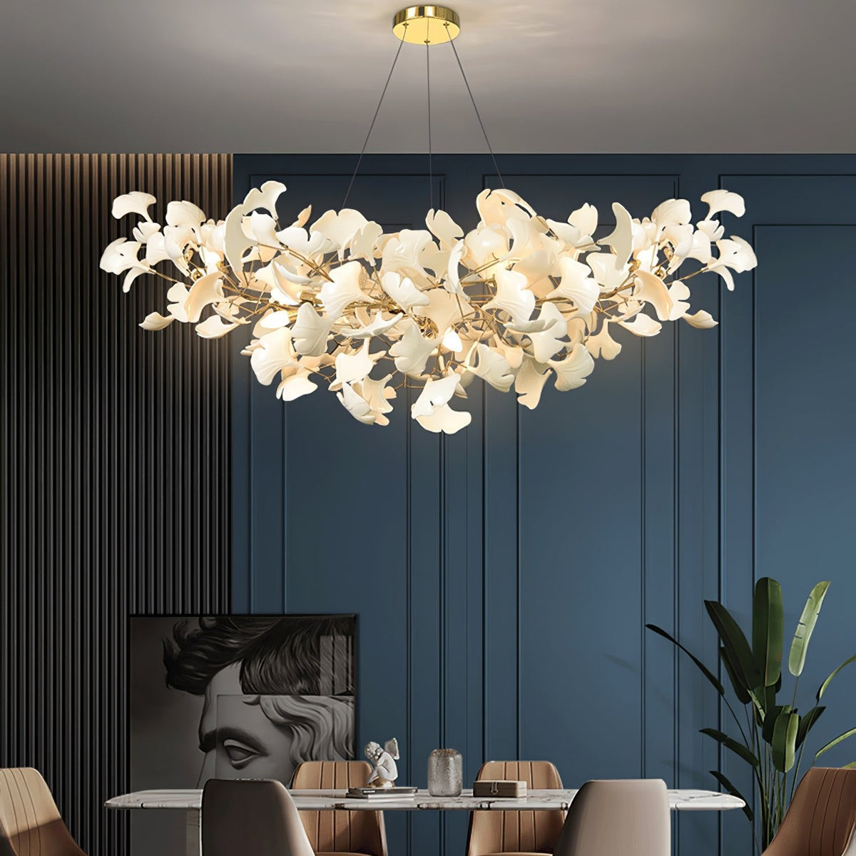 Porcelain Ginkgo Leaf Linear Chandelier Moktan Sabai white leaves gold-tone stems on Tampa Home & Garden Store