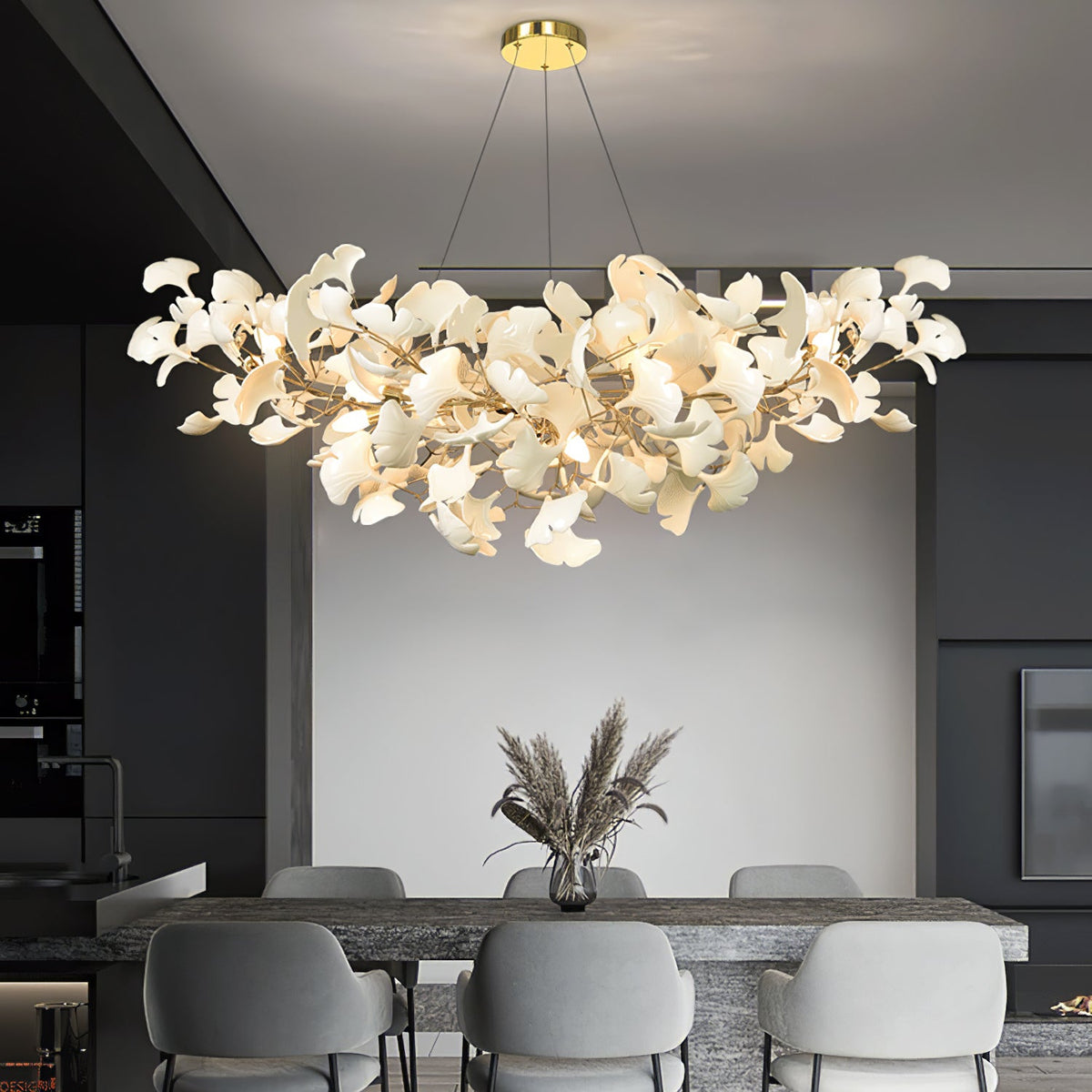 Porcelain Ginkgo Leaf Linear Chandelier by Moktan Sabai with white leaves and gold branches on Tampa Home & Garden Store