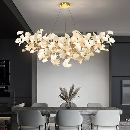 Porcelain Ginkgo Leaf Linear Chandelier by Moktan Sabai with white leaves and gold branches on Tampa Home & Garden Store