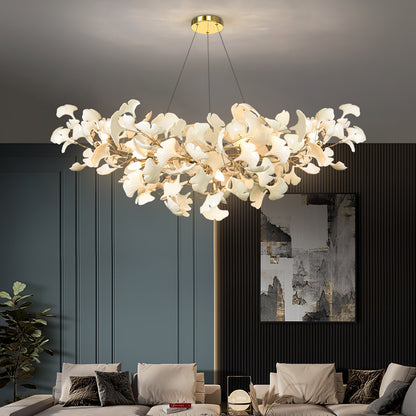 Porcelain Ginkgo Leaf Linear Chandelier with flexible branches Moktan Sabai dining light on Tampa Home & Garden Store