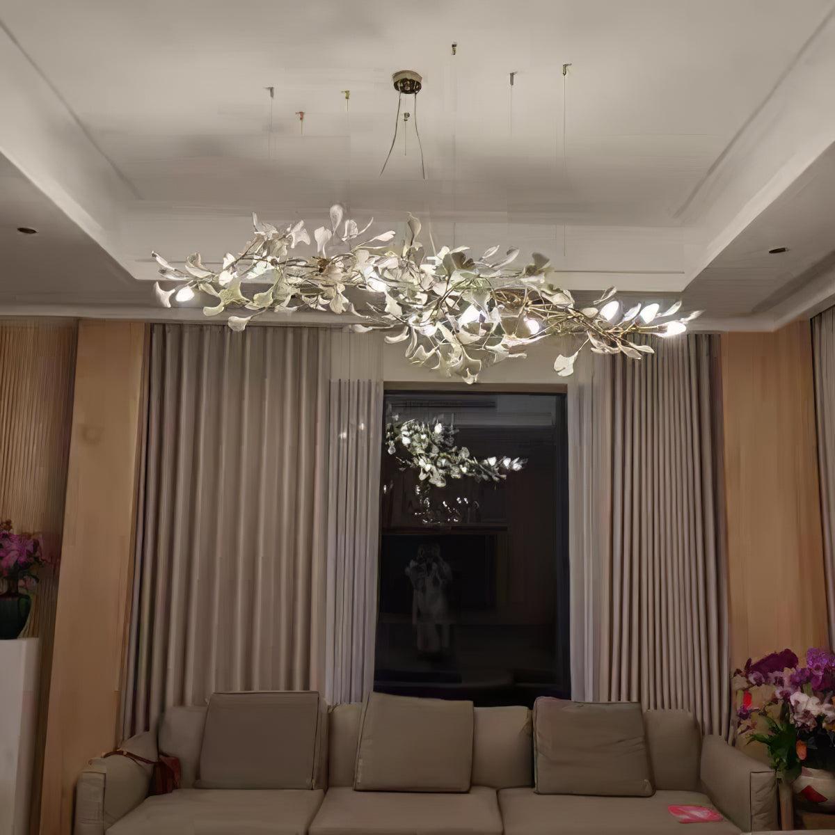 Chandelier Moktan Sabai porcelain ginkgo leaf dining light with flexible branches, silver leaves on Tampa Home & Garden Store