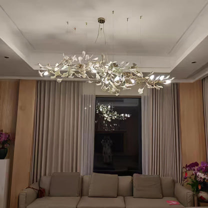 Chandelier Moktan Sabai porcelain ginkgo leaf dining light with flexible branches, silver leaves on Tampa Home & Garden Store