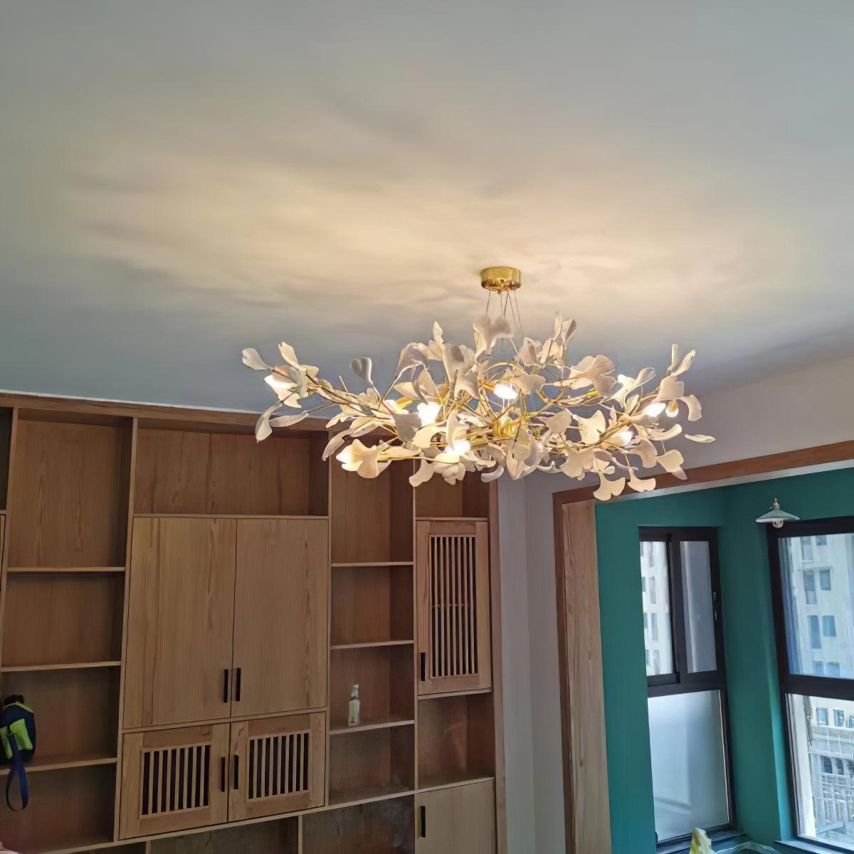 Chandelier Porcelain Ginkgo Leaf Linear with flexible branches by Moktan Sabai white leaves on Tampa Home & Garden Store