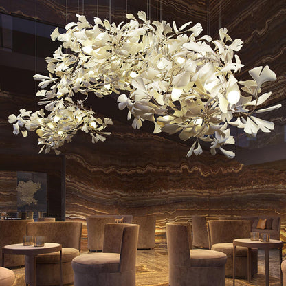 Porcelain Ginkgo Leaf Linear Chandelier with Flexible Branches Moktan Sabai white leaves on Tampa Home & Garden Store