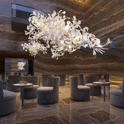 Porcelain Ginkgo Leaf Linear Chandelier by Moktan Sabai with flexible branches in white on Tampa Home & Garden Store