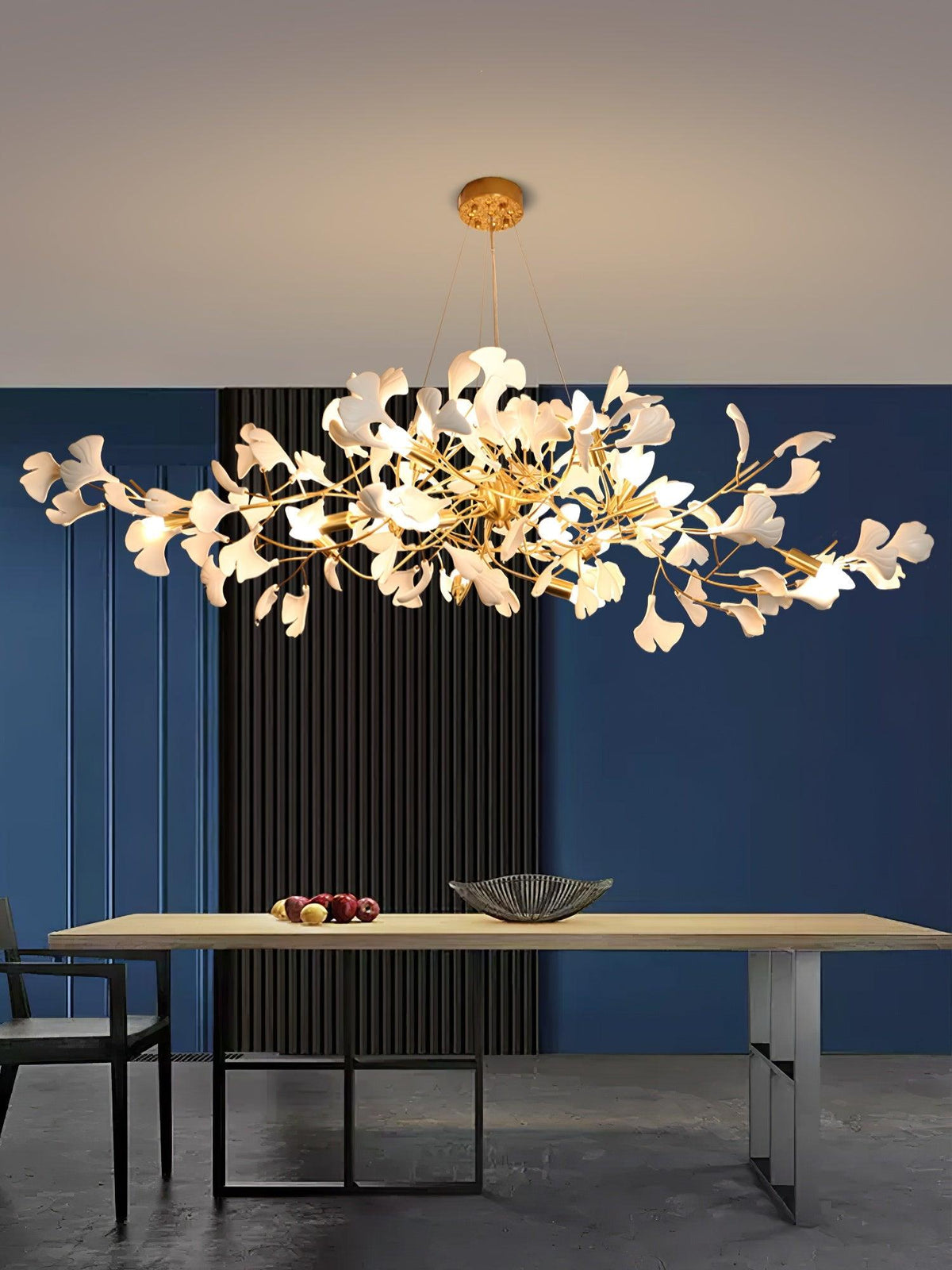 Porcelain Ginkgo Leaf Linear Chandelier with Flexible Branches by Moktan Sabai, gold frame on Tampa Home & Garden Store