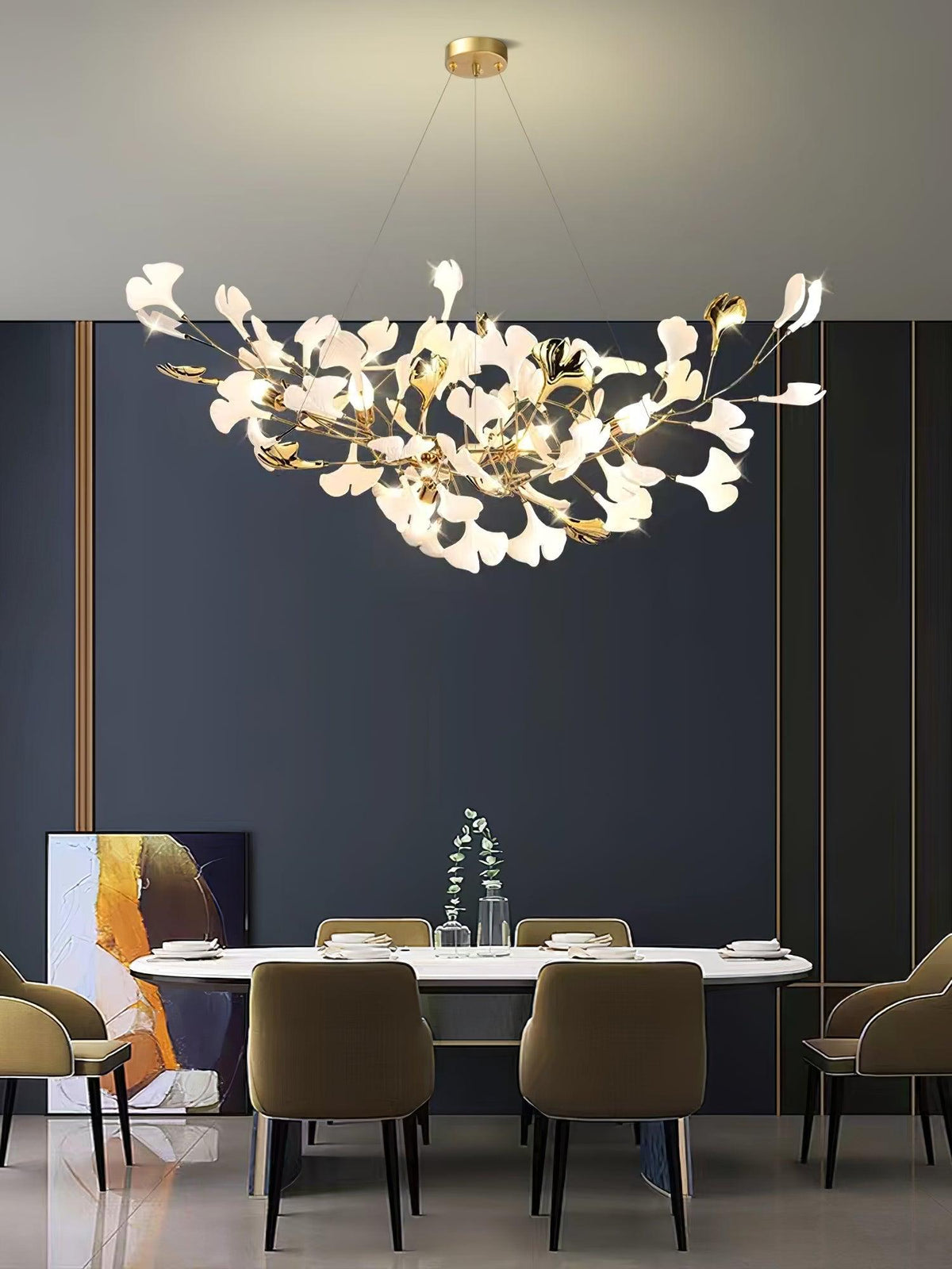 Porcelain Ginkgo Leaf Linear Chandelier with flexible gold-tone branches Moktan Sabai dining light on Tampa Home & Garden Store