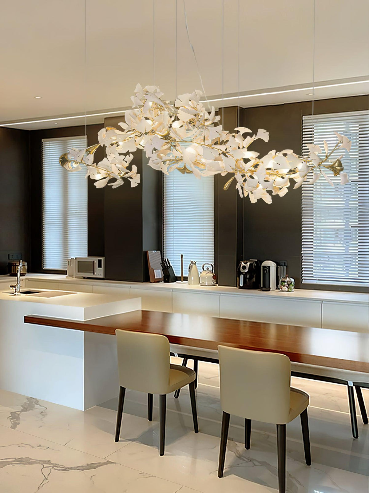Porcelain Ginkgo Leaf Linear Chandelier Moktan Sabai, white leaves, flexible branches on Tampa Home & Garden Store