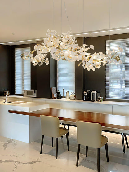 Porcelain Ginkgo Leaf Linear Chandelier Moktan Sabai, white leaves, flexible branches on Tampa Home & Garden Store